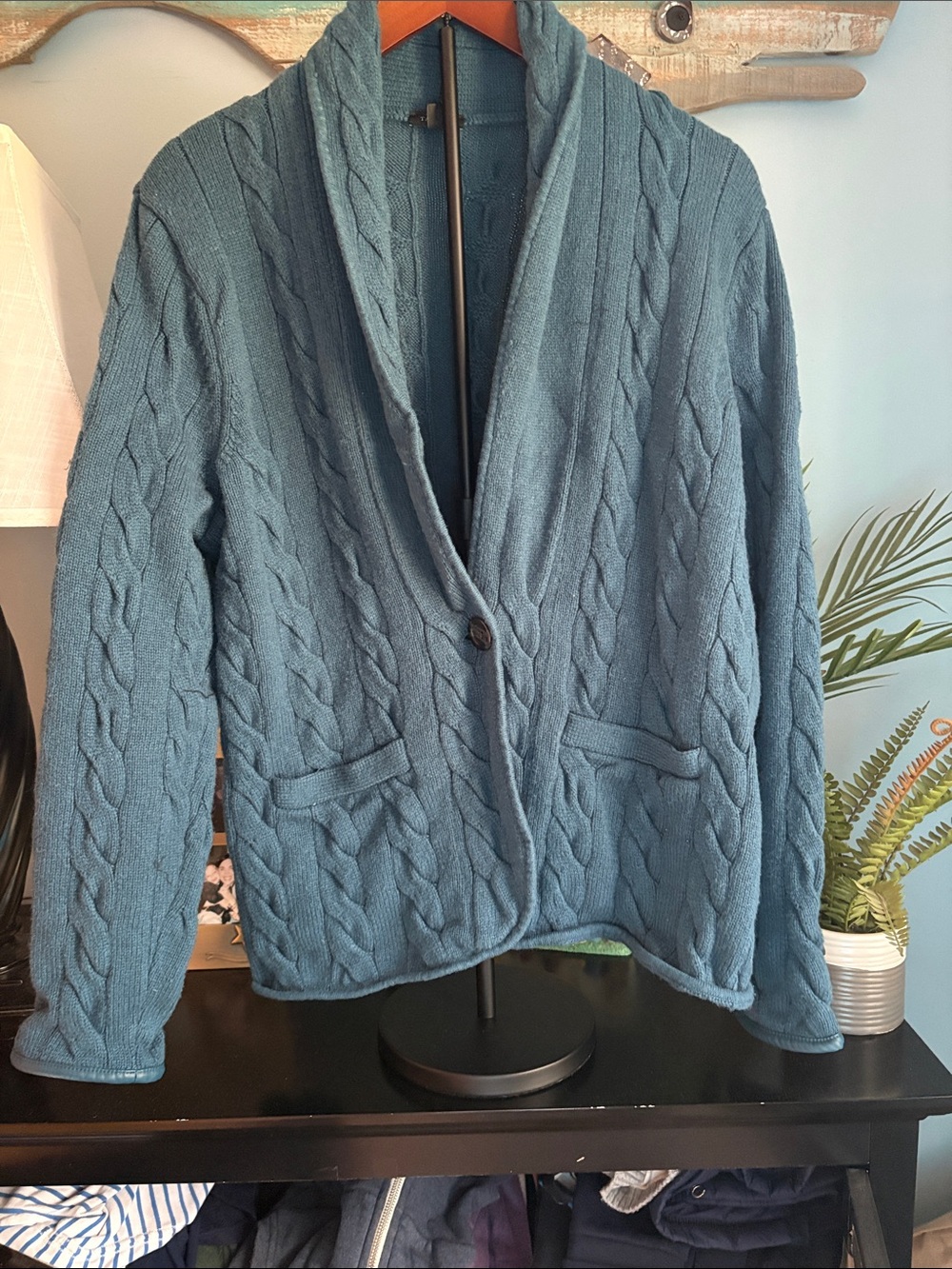 Talbots Women's Cable Knit Shawl Collar Sweater Cardigan - Teal Blue